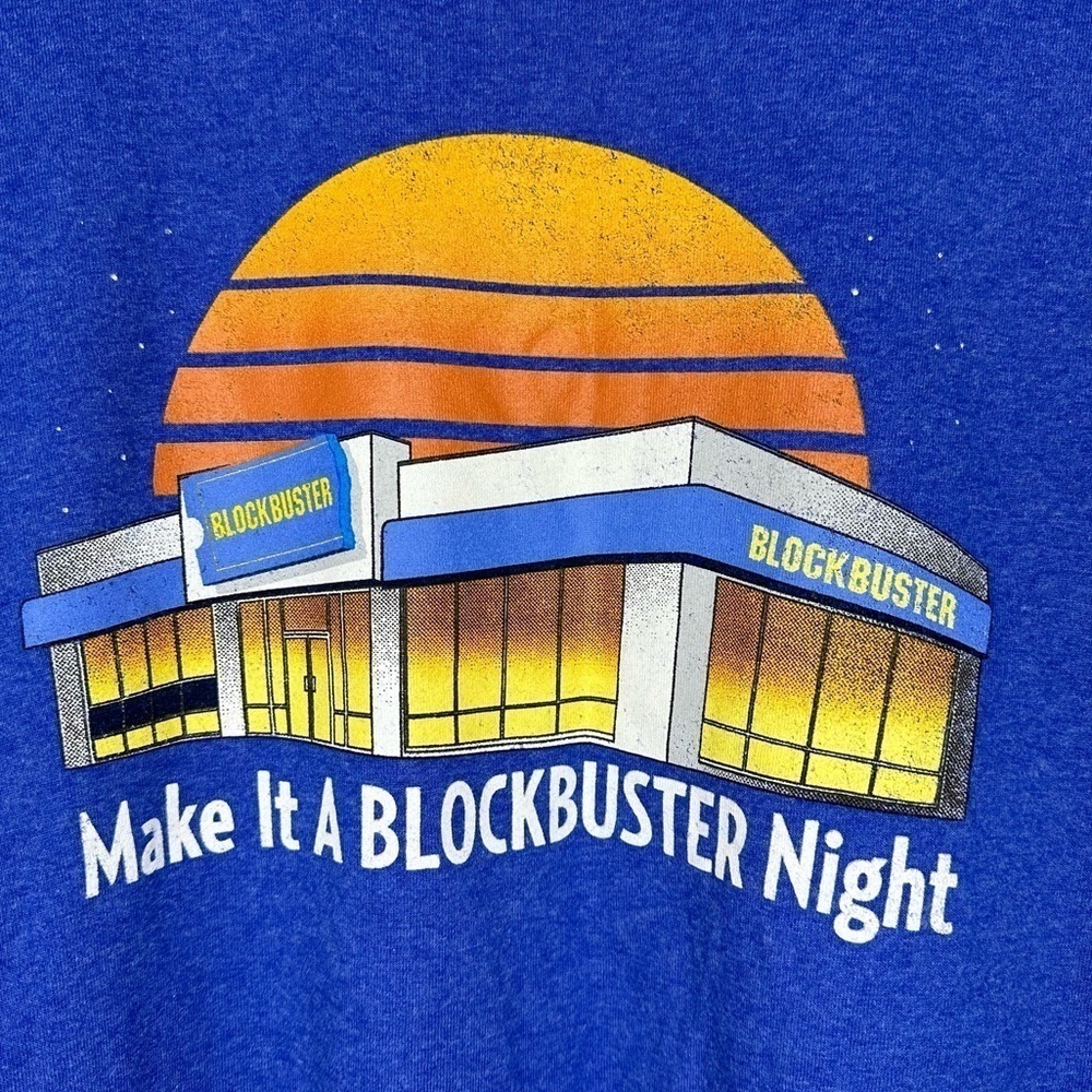 Blockbuster Storefront “Make It A Blockbuster Night” Blue Tee Women’s Large - Picture 2 of 4